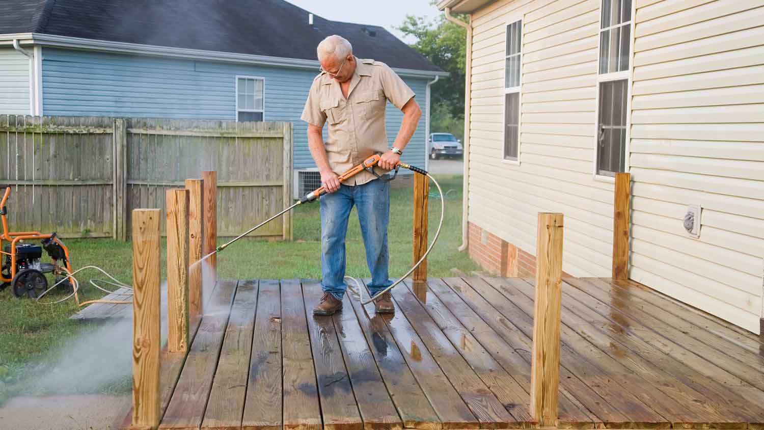A senior man pressure washing a deck